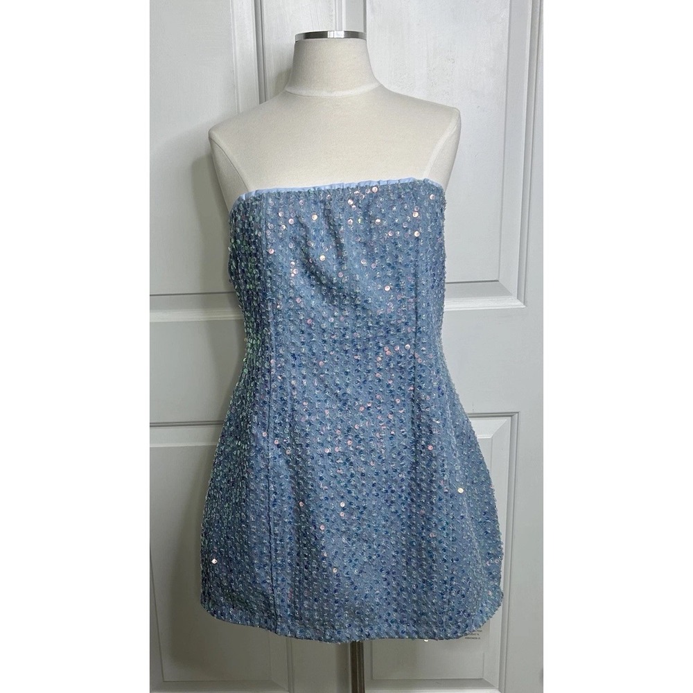 Superdown Claudia Sequin Denim Dress Mini Light Blue Strapless Womens L READ New